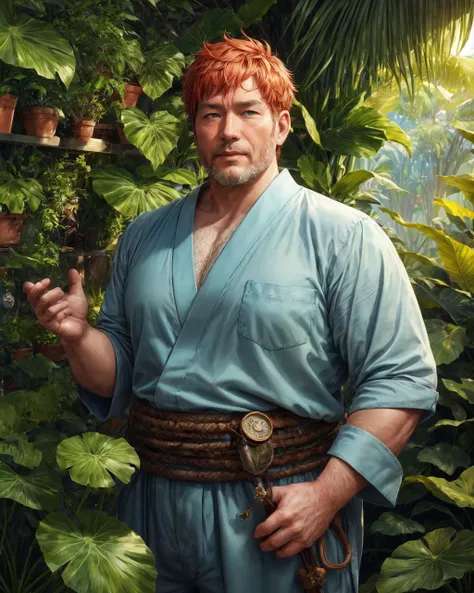 man, (chubby:0.8) (adult japanese male:1.1),  light blue eyes, copper hair, short hair focus on character, portrait, solo, (full body:0.6), looking up, detailed background, detailed face, (tropical jungle theme:1.1), working, botanical researcher, planters,   greenery,   blooming flowers,   floating plants, magic,  green magical energy, elemental magic, green color scheme, lotus,  herbs, seeds,   science, botanical laboratory in background, sunshine, magical atmosphere, , (best quality, masterpiece:1.2), 8k detailed cgi render, oil painting, strong shadows, <lora:add_detail:1.00>