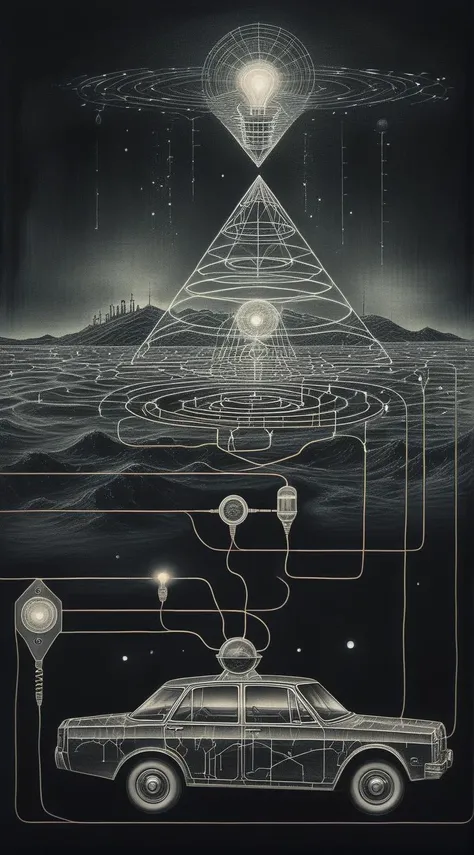 ampereart In the depths of the electrical, a dark and mysterious world unfolds, where a surreal diagrams devil car, lost in electrical enigmatic dreamscape surrealistic electrical diagrams<lora:ampereart:1>