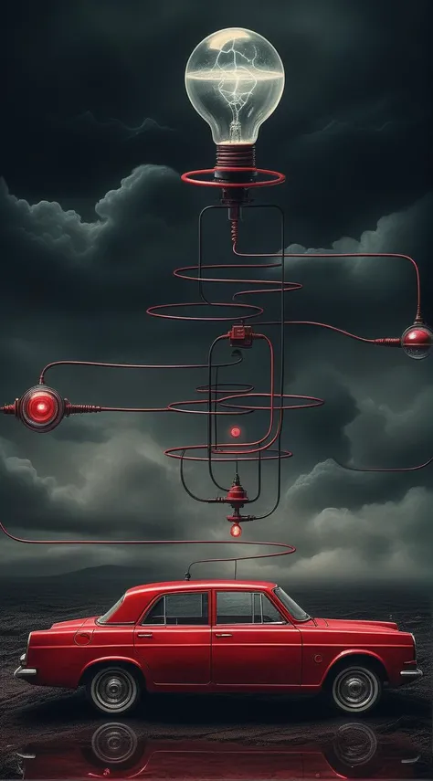 ampereart In the depths of the electrical, a dark and mysterious world unfolds, where a surreal devil car of liquid red wanders, lost in electrical enigmatic dreamscape surrealistic electrical diagrams<lora:ampereart:1>