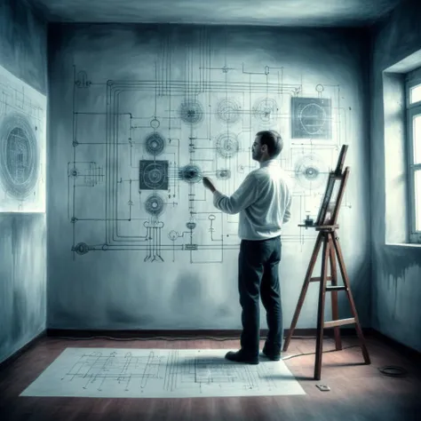 ampereart artist painter, painting a picture of electrical diagrams, in the background a surreal room full of diagrams, cinematic shot, professional light and atmosphere, very realistic <lora:ampereart:0.9>