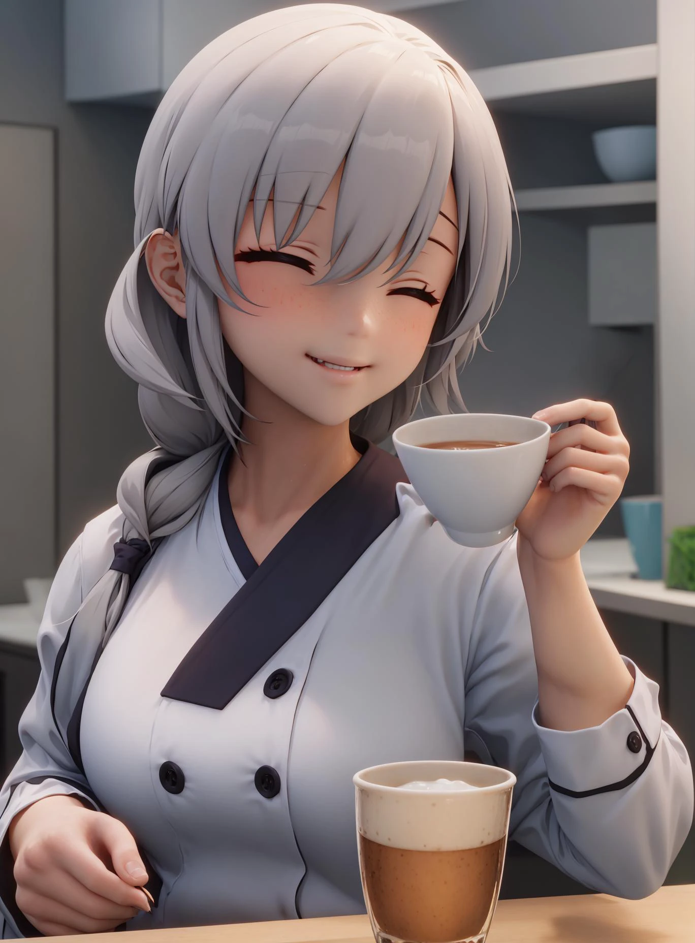 masterpiece, best quality, extreme detail, cgi, 3d, octane render, absurdres, volumetric lighting, <lora:vicinekoStyleLora284_v11:0.9>1girl,solo, standing, kitchen, smiling, happy, blushing, warm smile, <lora:uzakiTsukiUzakiChanWants_v10:1>,uzakitsuki, gray hair, single braid, closed eyes, white, shirt, holding cup