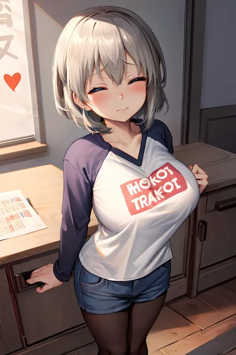 masterpiece, 1girl, solo, large breast, standing, from above,
looking at viewer, pov, front view, <lora:add_detail:0.5> night, <lora:uzaki tsuki 3:1.2>, (uzaki tsuki:1.2), narrow eyes, eyes closed, troubled face, closed mouth,
shirt, raglan sleeves, (romaji text), (((clothes writing:1.5))), long sleeves, denim shorts, pantyhose, fang <lora:uzaki_hana:0.4>