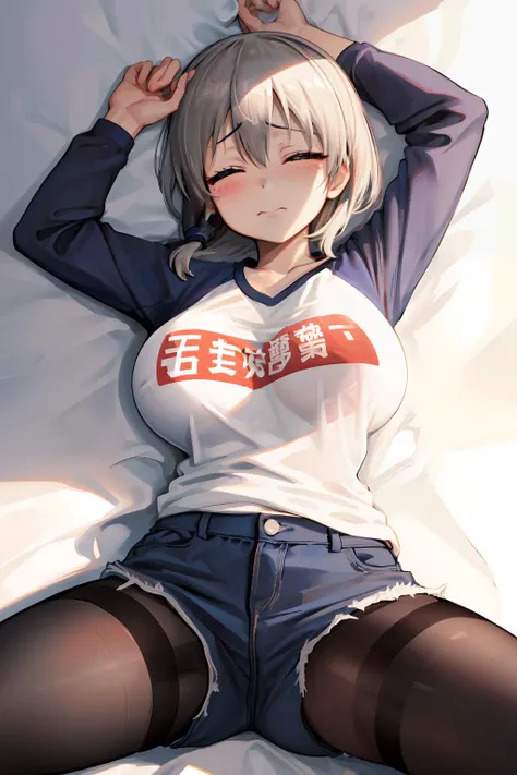 masterpiece, 1girl, solo, large breast, lying, spread legs, from below,
looking at viewer, pov, front view, <lora:add_detail:0.3> night, <lora:uzaki tsuki 3:1.2>, (uzaki tsuki:1.2), narrow eyes, eyes closed, troubled face, closed mouth,
shirt, raglan sleeves, (romaji text), (((clothes writing:1.5))), long sleeves, denim shorts, pantyhose, fang <lora:uzaki_hana:0.4>