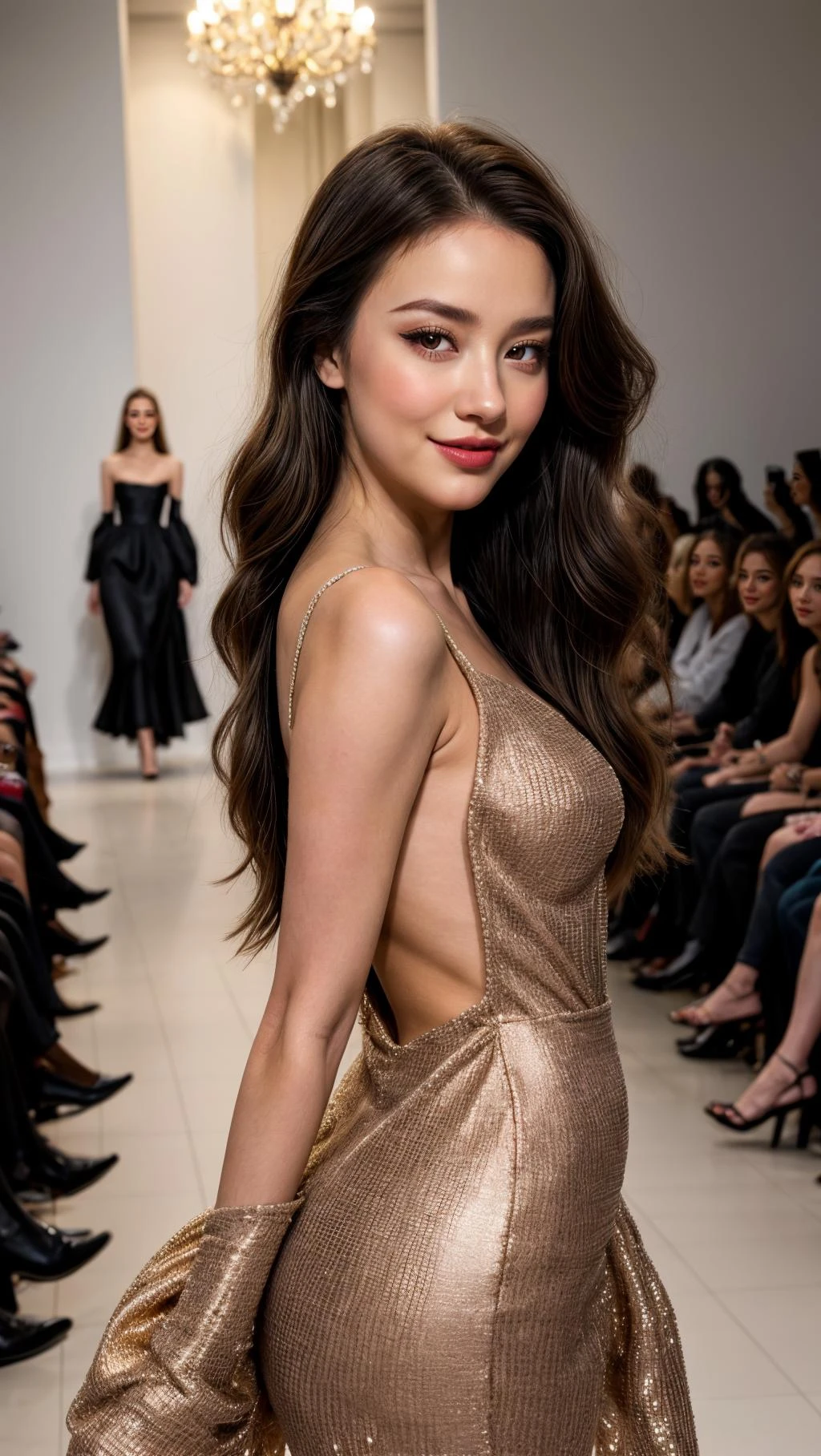 girlvn01, 1girl, smile, Stunningly Beautiful Girl, Haute_Couture, designer dress, wearing Haute_Couture, posing for a picture, fashion show, Long shaped face, dark red eyes, Sandy Blonde side-swept hair, long hair, long ringlets, catwalk \(walkway\), , colorful, vivid colors, masterpiece, best quality, absurdres, highest quality, amazing details, 8k, aesthetic, <lora:girl_SDLife_Chiasedamme_v2.3:0.6> <lora:add_detail:0.2> <lora:more_details:0.2>