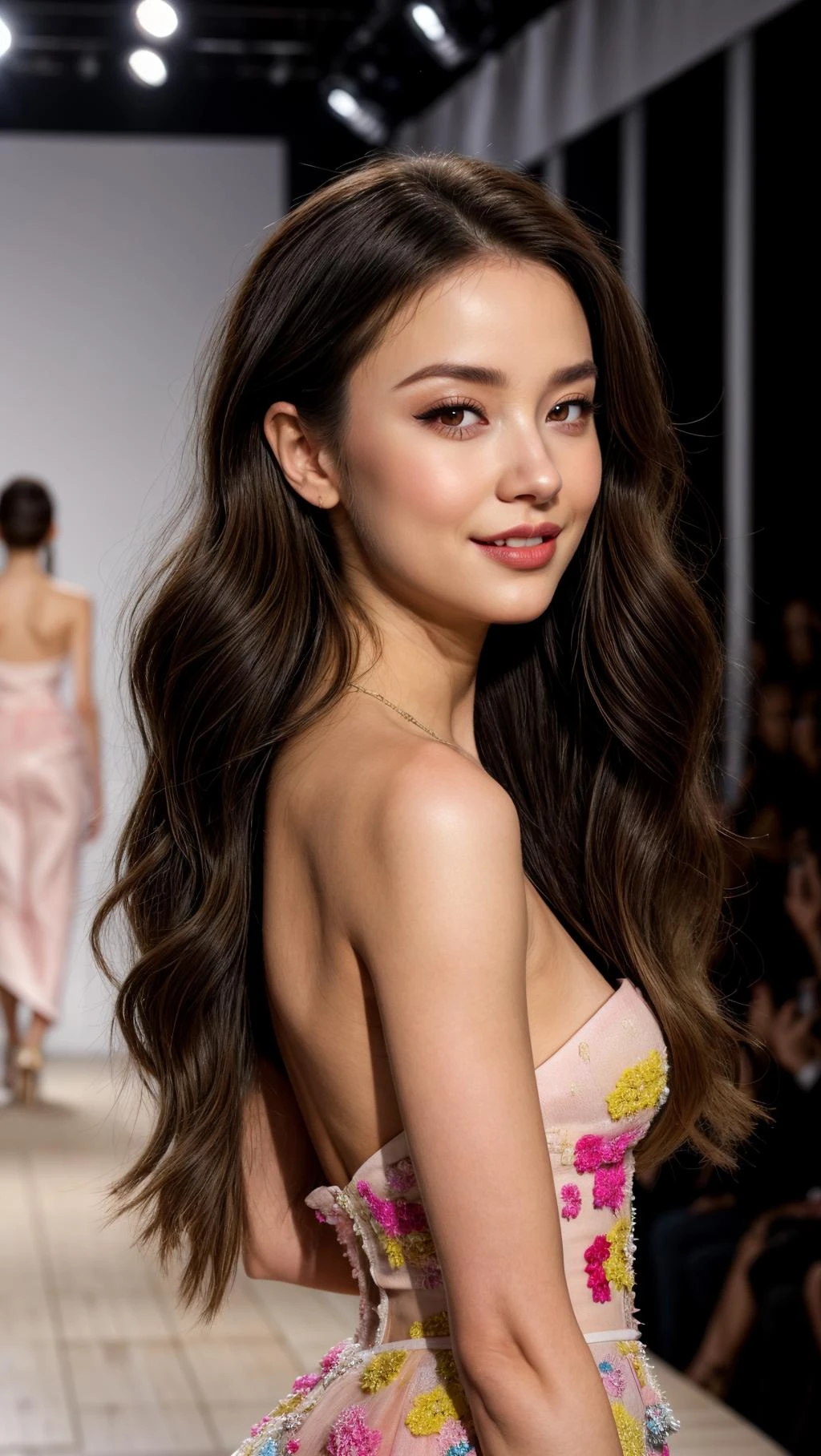 girlvn01, 1girl, smile, Stunningly Beautiful Girl, Haute_Couture, designer dress, wearing Haute_Couture, posing for a picture, fashion show, Long shaped face, dark red eyes, Sandy Blonde side-swept hair, long hair, long ringlets, catwalk \(walkway\), , colorful, vivid colors, masterpiece, best quality, absurdres, highest quality, amazing details, 8k, aesthetic, <lora:girl_SDLife_Chiasedamme_v2.3:0.6> <lora:add_detail:0.2> <lora:more_details:0.2>