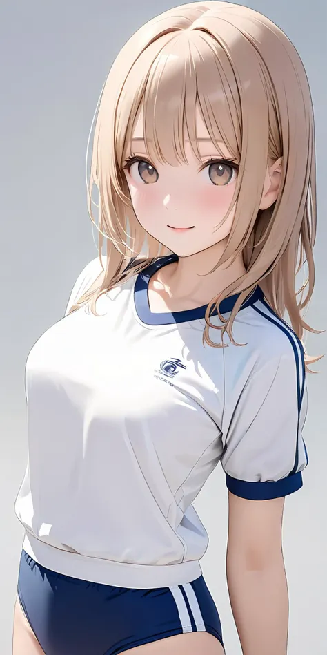 masterpiece,ultra-detailed,best quality,8K,illustration,cute face,clean skin ,shiny hair,girl,simple background,
 <lora:add-detail-xl:1> <lora:buruma_XL_V1.0:0.6> sgu,gym uniform, white shirt,blue buruma