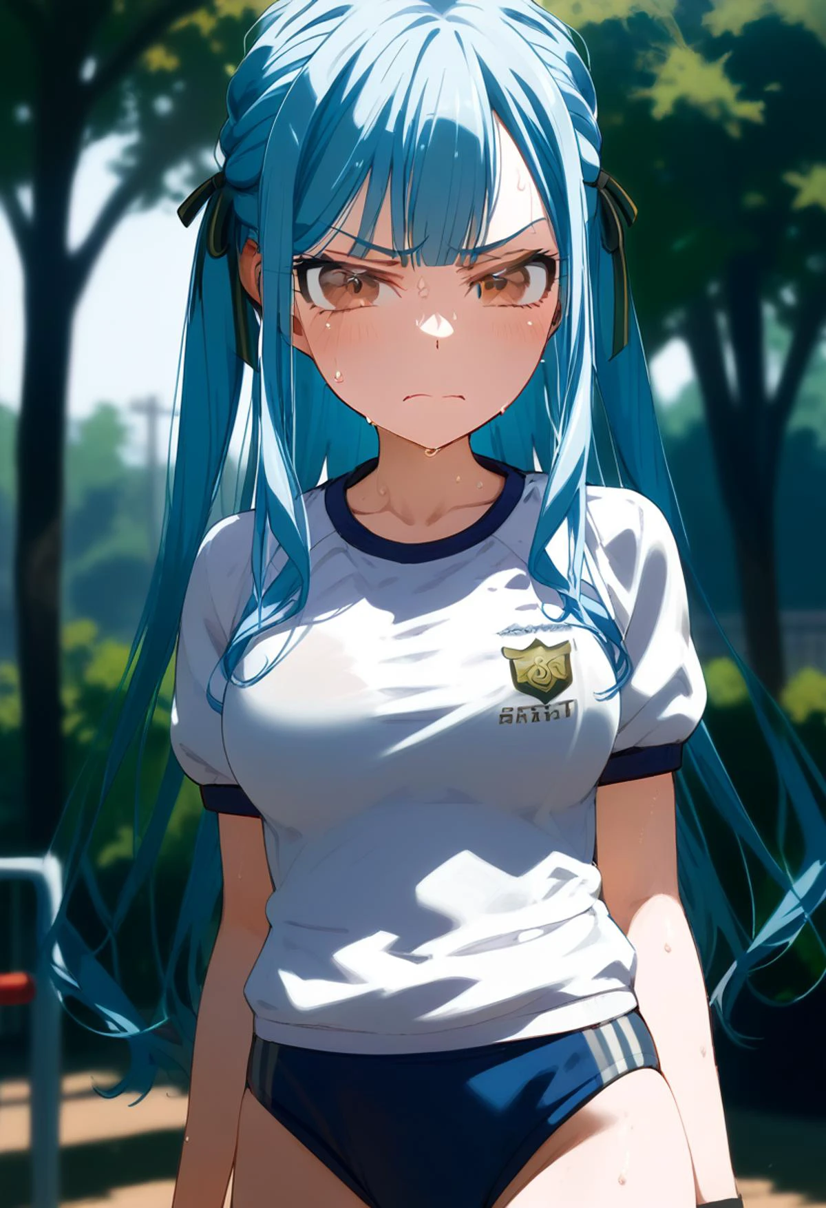 score_9,score_8_up,score_7_up,<lora:xl_more_art-full_v1:1>,<lora:Togawa Sakiko_ponyDPO:1>,solo,togawa sakiko,long hair,light blue hair,two side up,brown eyes,<lora:buruma_Pony_V1.0:1> sgu,gym uniform || blue buruma,sweat,outdoors,tree,blurry,simple_background,contempt,disgust,