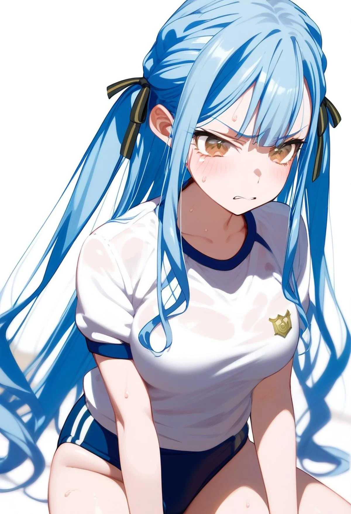 score_9,score_8_up,score_7_up,simple_background,<lora:Togawa Sakiko_ponyDPO:1>,togawa sakiko,long hair,light blue hair,two side up,brown eyes,<lora:buruma_Pony_V1.0:1> sgu,gym uniform || blue buruma,sweat,Tsundere,