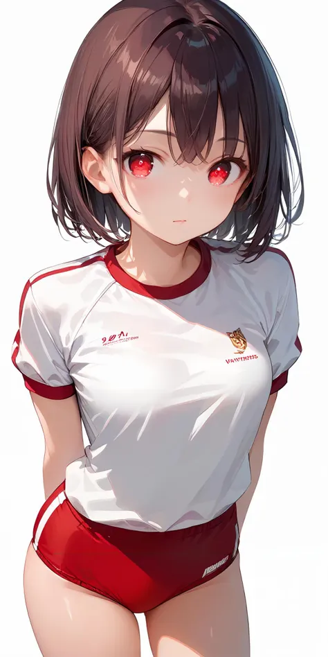 score_9, score_8_up, score_7_up,source_anime, high res image,masterpiece,best quality,girl,cute face,clear skin,shiny hair,ultra detailed eyes,simple background, <lora:buruma_Pony_V1.0:1> sgu, gym uniform,red buruma