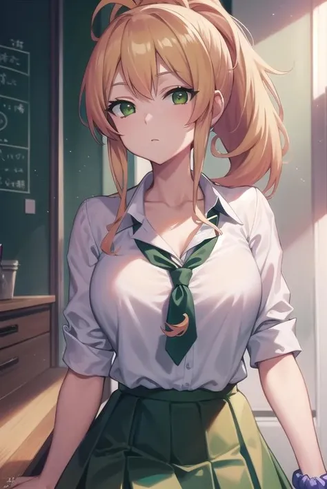 yukanayame, <lora:yukanayame-lora-nochekaiser:1>,
yukana yame, long hair, bangs, blonde hair, hair between eyes, (green eyes:1.5), ponytail, multicolored hair, scrunchie, high ponytail, lipstick, gyaru, kogal, makeup,
BREAK skirt, shirt, jewelry, school uniform, collarbone, white shirt, pleated skirt, collared shirt, miniskirt, bracelet, green skirt,
BREAK looking at viewer, full body,
BREAK indoors, classroom,
BREAK <lyco:GoodHands-beta2:1>, (masterpiece:1.2), best quality, high resolution, unity 8k wallpaper, (illustration:0.8), (beautiful detailed eyes:1.6), extremely detailed face, perfect lighting, extremely detailed CG, (perfect hands, perfect anatomy),