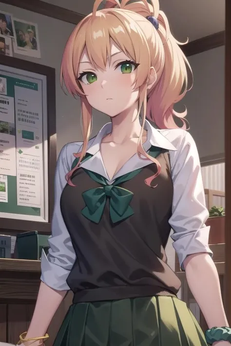 yukanayame, <lora:yukanayame-lora-nochekaiser:1>,
yukana yame, long hair, bangs, blonde hair, hair between eyes, (green eyes:1.5), ponytail, multicolored hair, scrunchie, high ponytail, lipstick, gyaru, kogal, makeup,
BREAK skirt, shirt, jewelry, school uniform, collarbone, white shirt, pleated skirt, collared shirt, miniskirt, bracelet, green skirt,
BREAK looking at viewer, full body,
BREAK indoors, classroom,
BREAK <lyco:GoodHands-beta2:1>, (masterpiece:1.2), best quality, high resolution, unity 8k wallpaper, (illustration:0.8), (beautiful detailed eyes:1.6), extremely detailed face, perfect lighting, extremely detailed CG, (perfect hands, perfect anatomy),