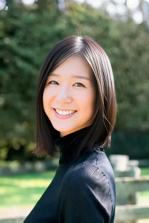 A stunning intricate full color portrait of  a smiling pale japanese woman,wearing a black turtleneck,epic character composition,by ilya kuvshinov, alessio albi, nina masic,sharp focus, natural lighting, subsurface scattering, f2, 35mm, film grain <lora:iorikogawa:1>