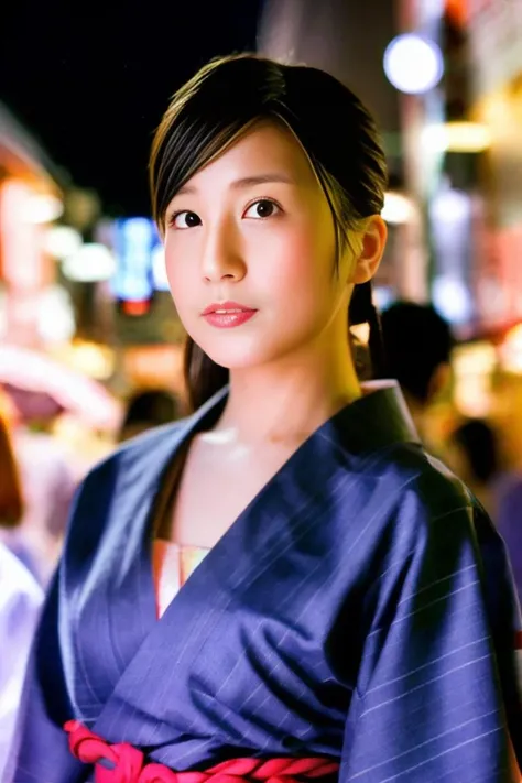 cute japanese woman looking into the camera, at night, dark, wide angle,posing in front of a crowd of people on crowded street in japan,blurry background,quality,extremely detailed,high res,4k, full body, wearing a yukata <lora:iorikogawa:1>
