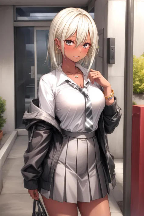 (masterpiece, best quality), <lora:nagisa-lora-Faxtron:0.8> nagisa, grey eyes, blonde hair, medium hair, large breasts, dark skin, ear piercing, pendant, bracelet, white shirt, collarbone, long sleeves, grey striped necktie, grey pleated skirt,
<lora:add_detail:0.8>