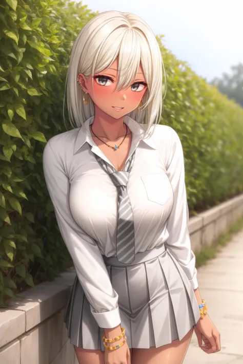 (masterpiece, best quality), <lora:nagisa-lora-Faxtron:0.8> nagisa, grey eyes, blonde hair, medium hair, large breasts, dark skin, ear piercing, pendant, bracelet, white shirt, collarbone, long sleeves, grey striped necktie, grey pleated skirt,
<lora:add_detail:0.8>