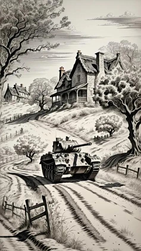 A tank drives down a country road, old crooked trees in an orchard and cottages, black ink <lora:corcoc1s:0.8>