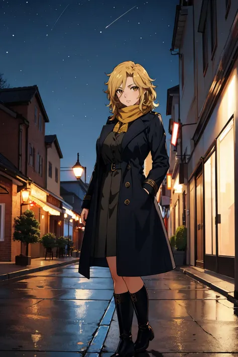 masterpiece, best quality, 1girl, solo <lora:dimaria-nvwls-v1-000009:0.9> dimaria yesta, large breasts, black coat, peacoat, yellow scarf, winter, night, street, boots, looking at viewer