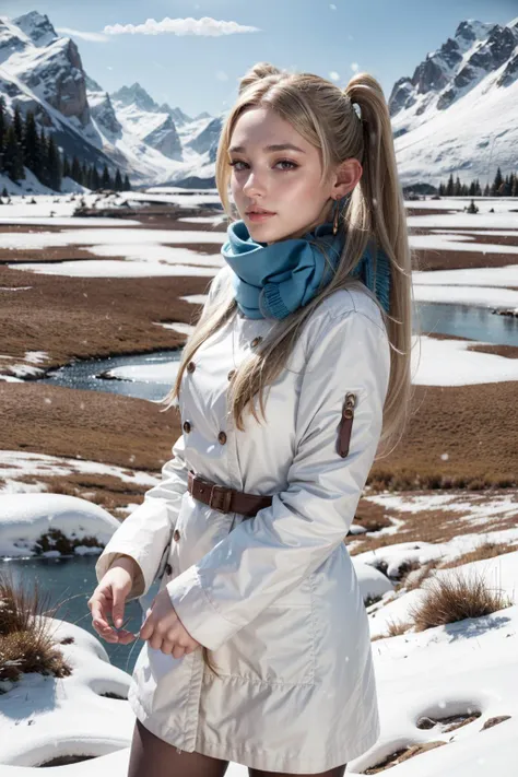 (realistic:1.3), finely detailed, quality, rembrandt lighting, (masterpiece:1.2), (photorealistic:1.2), (best quality), (detailed skin:1.3), (intricate details), dramatic, ray tracing, 1girl, 21 years old, detailed skin texture, (blush:0.5), (goosebumps:0.5), subsurface scattering, smiling, medium breasts, aafrie, long hair, white hair, twintails, (pointy ears:1.2), earrings, thick eyebrows, blue scarf, white coat, double-breasted, buttons, black pantyhose, cowboy shot, (bright sunny day, outdoors, wide open snow covered valley, snow covered mountains far away, heavy snow, sky), <lora:frieren_v1:0.8>