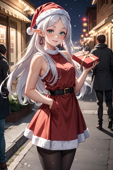 masterpiece, best quality, highres, absurdres, ultra detailed,
aafrie, long hair, (white hair, twintails), pointy ears, earrings, thick eyebrows, small beast, green eyes, <lora:frieren_v1:0.8>, ((red santa dress, santa hat, sleeveless, black pantyhose)),
holding a a large present box, holding a box with hands, <lora:large present-001_0.7:0.7>, smiling, blushing , offer to viewer
standing, street, night, snowing, christmas lights,