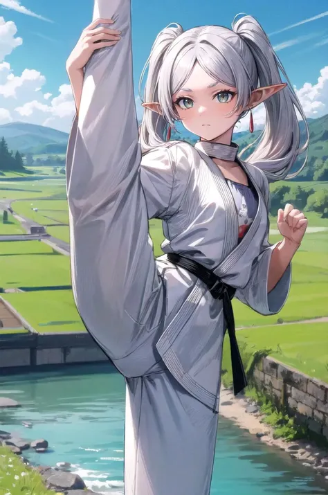 (masterpiece, best quality, detailed), 1girl, solo, looking at viewer, aafrie, long hair, white hair, twintails, pointy ears, earrings, thick eyebrows, flat chest, hair over shoulder,
<lora:Dougi2-10:1>, dougi, martial arts belt, outdoors, house, rural, village, scenery, path, river, bridge, <lora:standing_split:0.9> standing split, standing on one leg, closed mouth