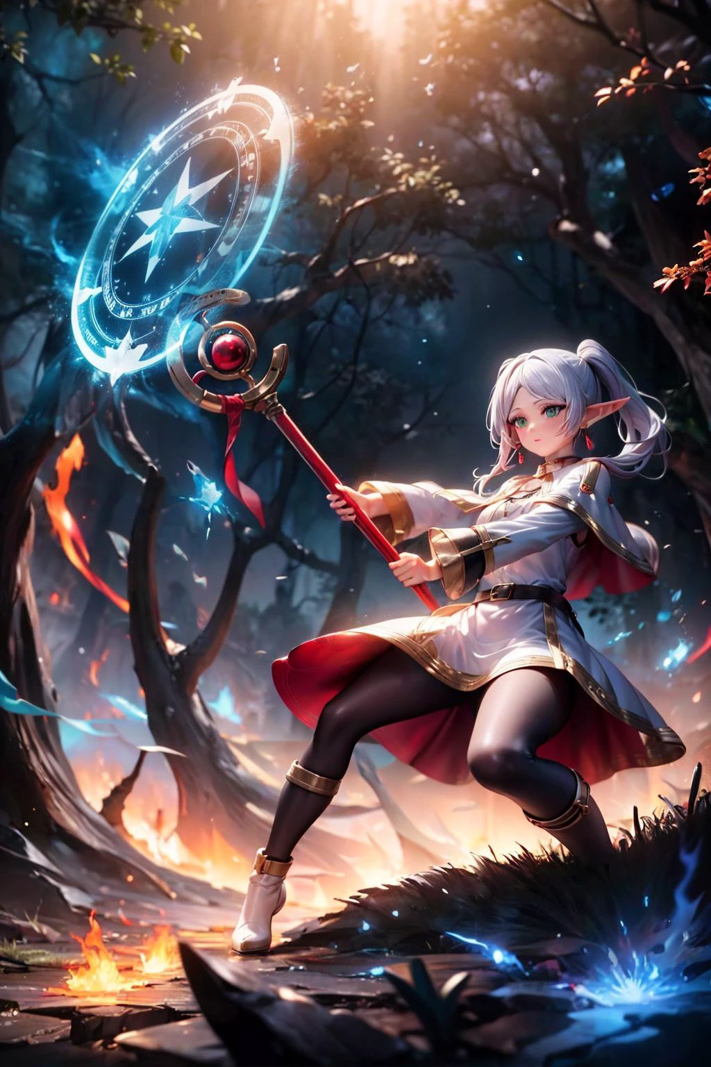masterpiece, best quality, ultra-detailed, (detailed background, complex background:1.2), (perfect face, detailed face),
(a magic in front of a girl:1.4),
small breasts, full-face blush, dual ponytails, sidelocks, expressionless, thighs, black pantyhose, brown boots,
long hair, pointy ears, twintails, jewelry, green eyes, elf, earrings, opened lips, capelet, white capelet, long sleeves, parted bangs, dress, one belt, (outdoors, forest, night),
(staff, raising staff:1.2), fighting stance, cinematic angle,
<lora:frieren_v1:0.8>, aafrie,
<lora:detail_slider_v4:1>,
<lora:more_details:0.2>,
<lora:GoodHands-vanilla:1>,
<lora:magic circle:0.3>,