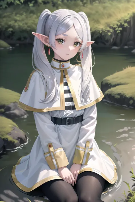 (best quality,absurd res:1.3),(warm lighting:1.2),1girl,intricate details,natural face,forest, river on background, spring,hand between legs,small breasts,<lora:frieren_v1:1>aafrie, long hair, white hair, twintails, pointy ears, earrings, thick eyebrows, white capelet, striped shirt, long sleeves, belt, white skirt, black pantyhose