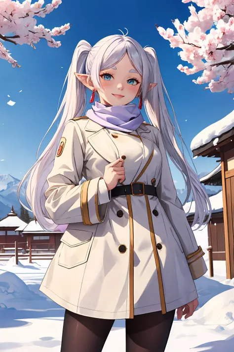 masterpiece, best quality, highres, absurdres, ultra detailed, perfect hands, perfect anatomy
aafrie, long hair, white hair, twintails, pointy ears, earrings, thick eyebrows, blue scarf, white coat, double-breasted, buttons, black pantyhose, blushing, smile,
standing, outdoors, day, blue sky, sky, temple, looking at viewer, snow covered mountain, sakura tree <lora:frieren:1>