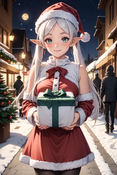 masterpiece, best quality, highres, absurdres, ultra detailed,
aafrie, long hair, (white hair, twintails), pointy ears, earrings, thick eyebrows, small beast, green eyes, <lora:frieren_v1:0.8>, ((red santa dress, santa hat, sleeveless, black pantyhose)),
holding a a large present box, holding a box with hands, <lora:large present-001_0.7:0.7>, smiling, blushing , offer to viewer
standing, street, night, snowing, christmas lights,