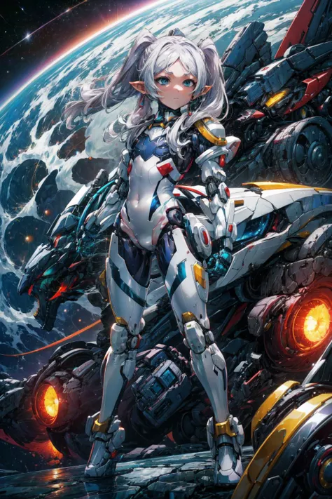 masterpiece,best quality,1girl,aafrie,[green eyes|blue eyes],long hair,white hair,twintails,pointy ears,thick eyebrows,flat chest,(chest armor),mecha musume,white theme,bodysuit,fortified suit,mechanical parts,robot joints,headgear,full armor,expressionless,looking at viewer,action pose,outer space,science fiction,<lora:CHAR-Sousou no Frieren-Frieren-v1-h_madoka:0.8>,<lora:Concept-control tool-add_detail-CyberAIchemist:0.3>,<lora:Clothing-Mecha Musume + Gundam + Mecha Slider-Lykon:1>,