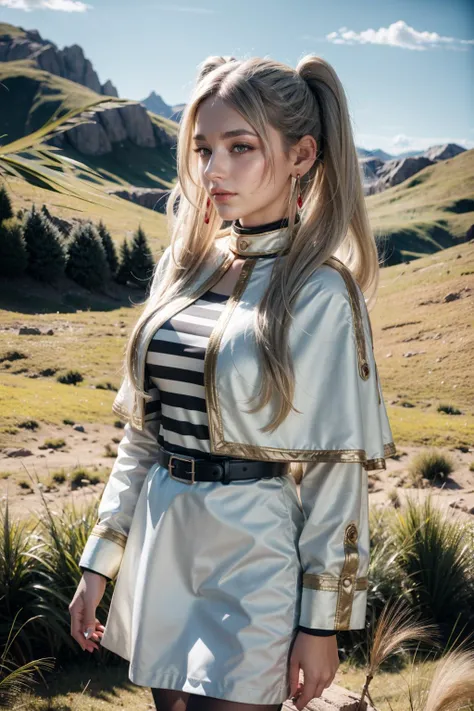 (realistic:1.3), finely detailed, quality, rembrandt lighting, (masterpiece:1.2), (photorealistic:1.2), (best quality), (detailed skin:1.3), (intricate details), dramatic, ray tracing, 1girl, 21 years old, detailed skin texture, (blush:0.5), (goosebumps:0.5), subsurface scattering, smiling, medium breasts, aafrie, long hair, white hair, twintails, (pointy ears:1.2), earrings, thick eyebrows, white capelet, striped shirt, long sleeves, belt, white skirt, black pantyhose, cowboy shot, (bright sunny day, outdoors, wide open grassy field, gentle hills far away, sky), <lora:frieren_v1:0.8>