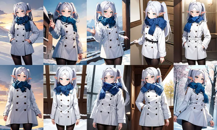 masterpiece, best quality, highres, aafrie, long hair, white hair, twintails, pointy ears, earrings, thick eyebrows, blue scarf, white coat, double-breasted, buttons, black pantyhose, <lora:frieren_v1:0.7>, standing, cowboy shot, winter