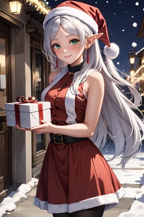 masterpiece, best quality, highres, absurdres, ultra detailed,
aafrie, long hair, (white hair, twintails), pointy ears, earrings, thick eyebrows, small beast, green eyes, <lora:frieren_v1:0.8>, ((red santa dress, santa hat, sleeveless, black pantyhose)),
holding a a large present box, holding a box with hands, <lora:large present-001_0.7:0.7>, smiling, blushing
standing, street, night, snowing, christmas lights,