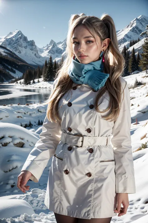 (realistic:1.3), finely detailed, quality, rembrandt lighting, (masterpiece:1.2), (photorealistic:1.2), (best quality), (detailed skin:1.3), (intricate details), dramatic, ray tracing, 1girl, 21 years old, detailed skin texture, (blush:0.5), (goosebumps:0.5), subsurface scattering, smiling, medium breasts, aafrie, long hair, white hair, twintails, (pointy ears:1.2), earrings, thick eyebrows, blue scarf, white coat, double-breasted, buttons, black pantyhose, cowboy shot, (bright sunny day, outdoors, wide open snow covered valley, snow covered mountains far away, heavy snow, sky), <lora:frieren_v1:0.8>