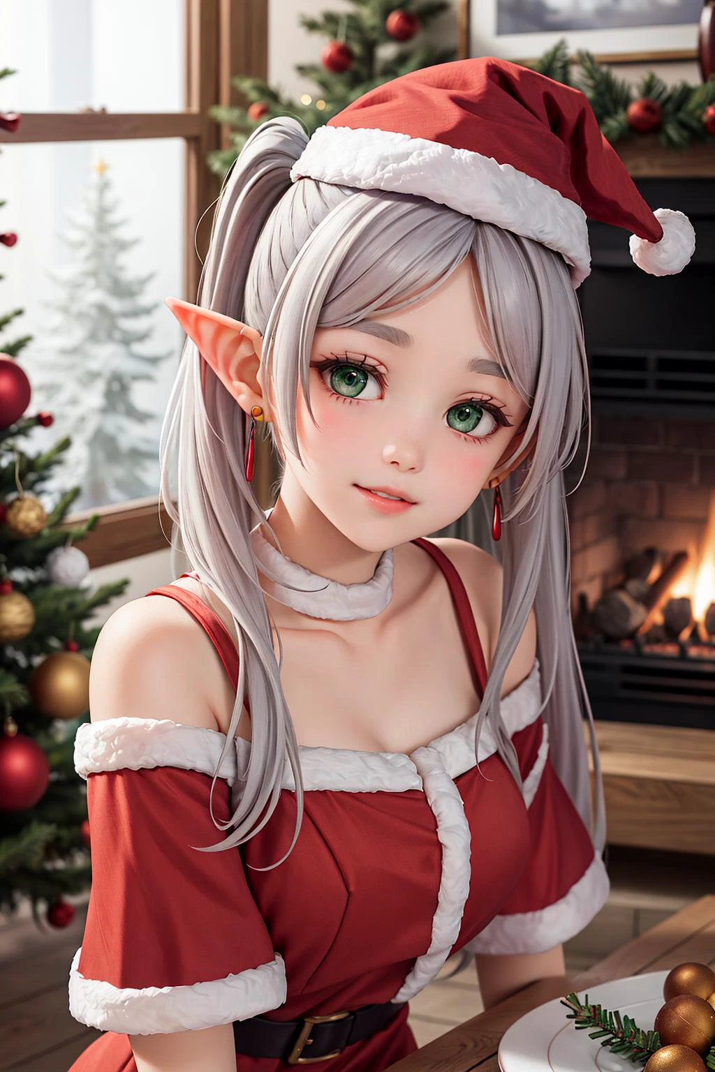 masterpiece, ultra detailed background, best quality, highres, studio lighting,
long hair, white hair, (parted bangs:1.2), twintails, green eyes, pointy ears, earrings, stubby eyebrows, (red dress, red hat), santa dress, (red caplet:1.2),
stylish pose, upper body, expressionless, (closed lips, closed mouth:1.3), smile,
indoors, wood house, fireplace, Christmas tree,
(face to camera, looking at camera:1.2),
<lora:frieren_v1:0.8>, aafrie,
<lora:detail_slider_v4:1>,
<lora:more_details:0.2>,
<lora:GoodHands-vanilla:1>,
<lora:Santa Dress_v1:0.8>,