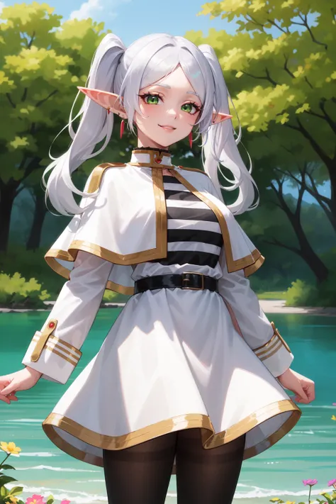 1girl, solo, aafrie,
standing,
long hair, white hair, twintails, pointy ears, earrings, green eyes, smile, long eyelashes, thick eyelashes,
medium breasts,
white capelet, striped shirt, long sleeves, belt, white skirt, black pantyhose,
park, flower, tree, lake,
<lora:Frieren ããªã¼ã¬ã³ Sousou no Frieren:0.8>