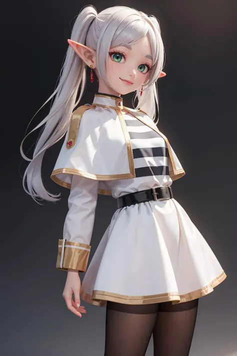 (masterpiece), best quality, high resolution, highly detailed, perfect lighting,  
aafrie, long hair, white hair, twintails, pointy ears, earrings, green eyes, thick eyebrows, white capelet, striped shirt, long sleeves, belt, white skirt, black pantyhose , <lora:frieren_v1:0.7>, cowboy shot,smile, 
(hands behind back:1.1),