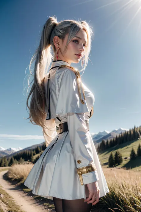 (realistic:1.3), finely detailed, quality, rembrandt lighting, (masterpiece:1.2), (photorealistic:1.2), (best quality), (detailed skin:1.3), (intricate details), dramatic, ray tracing, 1girl, 21 years old, detailed skin texture, (blush:0.5), (goosebumps:0.5), subsurface scattering, smiling, medium breasts, aafrie, long hair, white hair, twintails, (pointy ears:1.2), earrings, thick eyebrows, white capelet, striped shirt, long sleeves, belt, white skirt, black pantyhose, cowboy shot, (bright sunny day, outdoors, wide open grassy field, gentle hills far away, sky), <lora:frieren_v1:0.8>