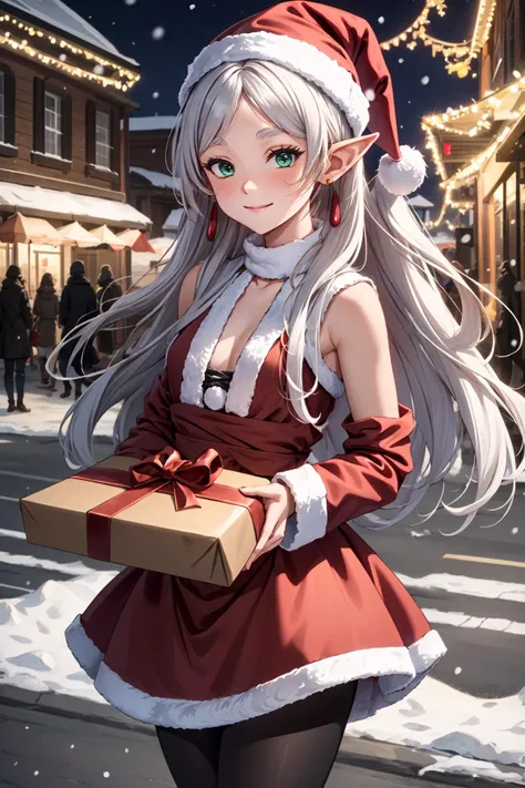 masterpiece, best quality, highres, absurdres, ultra detailed,
aafrie, long hair, (white hair, twintails), pointy ears, earrings, thick eyebrows, small beast, green eyes, <lora:frieren_v1:0.8>, ((red santa dress, santa hat, sleeveless, black pantyhose)), 
holding a a large present box, holding a box with hands, <lora:large present-001_0.7:0.7>, smiling, blushing , offer to viewer
standing, street, night, snowing, christmas lights,