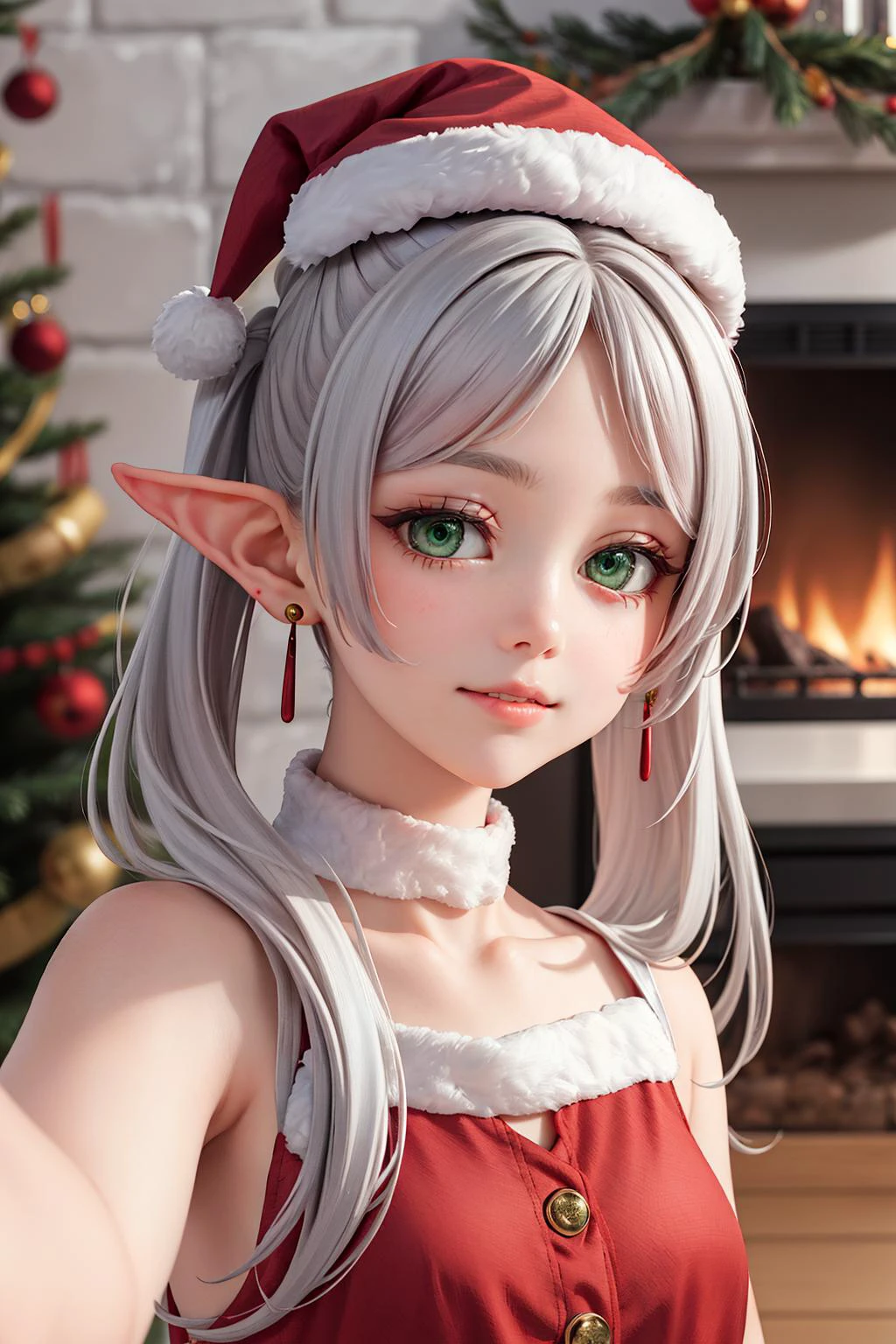 masterpiece, ultra detailed background, best quality, highres, studio lighting,
long hair, white hair, (parted bangs:1.2), twintails, green eyes, pointy ears, earrings, stubby eyebrows, (red dress, red hat), santa dress, (red caplet:1.2),
stylish pose, upper body, expressionless, (closed lips, closed mouth:1.3), smile,
indoors, wood house, fireplace, Christmas tree,
(face to camera, looking at camera:1.2),
<lora:frieren_v1:0.8>, aafrie,
<lora:detail_slider_v4:1>,
<lora:more_details:0.2>,
<lora:GoodHands-vanilla:1>,
<lora:Santa Dress_v1:0.8>,