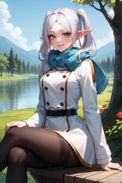 1girl, solo, aafrie,
sitting, crossed legs, 
long hair, white hair, twintails, pointy ears, earrings, green eyes, smile, long eyelashes, thick eyelashes,
medium breasts, 
blue scarf, white coat, double-breasted, buttons, black pantyhose,
park, flower, tree, lake,
<lora:Frieren ããªã¼ã¬ã³  Sousou no Frieren:0.8>