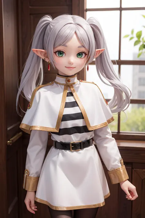 (masterpiece), best quality, high resolution, highly detailed, perfect lighting,  
aafrie, long hair, white hair, twintails, pointy ears, earrings, green eyes, thick eyebrows, white capelet, striped shirt, long sleeves, belt, white skirt, black pantyhose , <lora:frieren_v1:0.7>, cowboy shot,smile, 
(hands behind back:1.1),