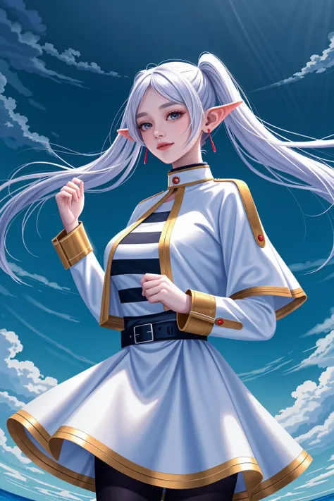 <lora:lcm_lora_sd15:1>,
(masterpiece,best quality,8k,beautiful and aesthetic:1.2),
solid-best-physical-appearance-perfect::2,
cosplay,Smile,HUGE BREASTS,(floating hair:1.2),PERFECTEYES EYES,narrow_waist,slender,skinny,(dynamic_angle),sexy posture,
<lora:(lv)h<.frieren_v1:0.8>,
aafrie,long hair,white hair,(twintails),pointy ears,earrings,thick eyebrows,
white capelet,ruby buttons,((striped shirt)),long sleeves,gold cuffs,belt,white skirt,black pantyhose,bare hands,
standing,holding_hair,hands on own chest,
<lora:[R]Xn}0{LORA.add_detail:0.2>,
<lora:[OMQ*S][vw<w[.locon_perfecteyes_v1_from_v1_64_32:0.6>,