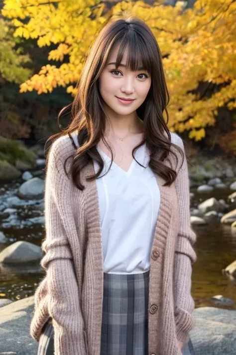 1girl,(wearing a cardigan and sweater:1.2),(RAW photo, best quality), (realistic, photo-realistic:1.4), masterpiece, an extremely delicate and beautiful, extremely detailed, 2k wallpaper, Amazing, finely detail, extremely detailed CG unity 8k wallpaper, ultra-detailed, highres, soft light, beautiful detailed girl, extremely detailed eyes and face, beautiful detailed nose, beautiful detailed eyes,cinematic lighting,autumn scenery,(morning light),perfect anatomy,slender body,smiling, <lora:kakumaai_lora:1>