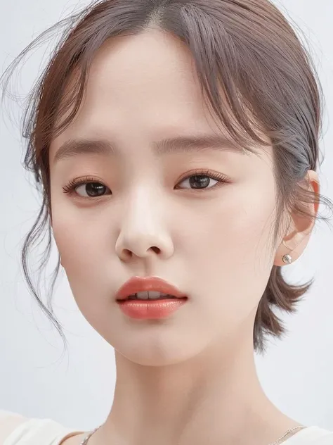 best quality,jennie, 1girl, solo, looking at viewer, short hair, simple background, brown hair, parted lips, teeth, lips, portrait, realistic, close-up