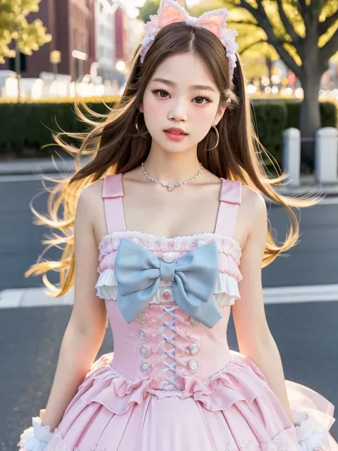 best quality, jennie, 1girl, solo, black eyes, lips,realistic, photo,  sweet_lolita,standing , ultra-detailed, natural lighting, cityscape, street,  depth of field, upper body,