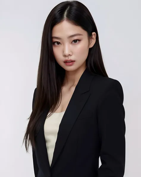 best quality, jennie, 1girl, solo, long hair, looking at viewer, black hair, closed mouth, upper body, suit, simple background, <lora:jennie_v2:0.6>