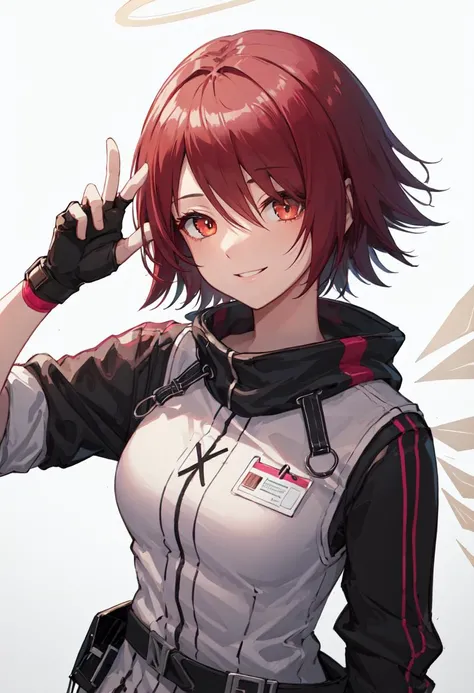 best quality, masterpiece, highres, solo, (exusiai_arknights:1.10), 1girl, black gloves, fingerless gloves, looking at viewer, upper body, white jacket, hand up, simple background, grey background, smile, closed mouth, belt, id card, 4 <lora:exusiai_arknights:0.80>