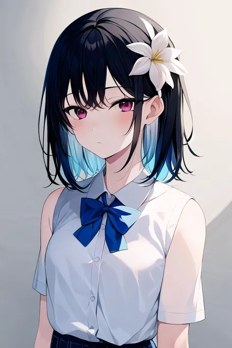 (high quality, high resolution:1.3), 4k, masterpiece,
BREAK
<lora:Achiki_Style-07:1>, 1girl, upper body, medium hair, bare shoulders, school uniform, white shirt, skirt, hair flower, flower, white flower, red eyes, black hair, detailed face, breasts, small breasts, eyelashes, mole under eye, multicolored hair, purple hair,<lora:NoiseOffset_v2:1.0><lora:NoiseOffset_v2:1.0>