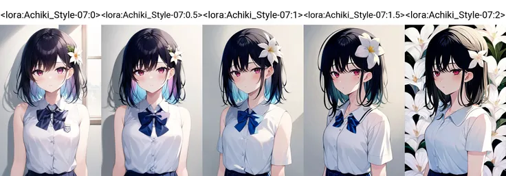 (high quality, high resolution:1.3), 4k, masterpiece, 
BREAK
<lora:Achiki_Style-07:0>, 1girl, upper body, medium hair, bare shoulders, school uniform, white shirt, skirt, hair flower, flower, white flower, red eyes, black hair, detailed face, breasts, small breasts, eyelashes, mole under eye, multicolored hair, purple hair,<lora:NoiseOffset_v2:1.0>
