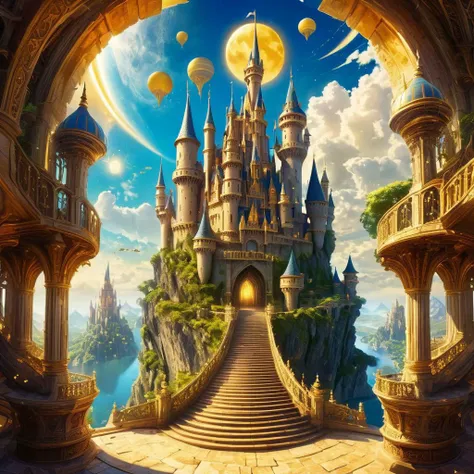 A gigantic magical kingdom, a castle in the center of the kingdom, golden lighting, fantasy architecture, two suns, some small flying islands in the sky, absurd detail, ultra detailed, high quality, masterpiece